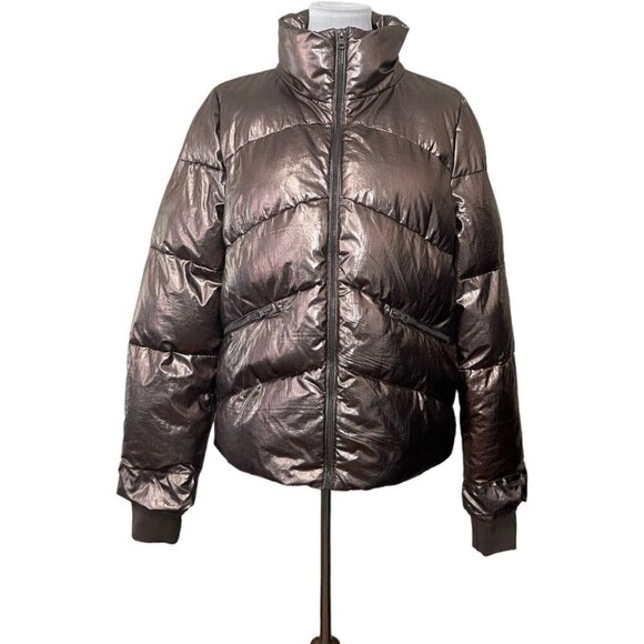 Carre Noir Metallic Puffer Jacket Medium Gunmetal Grey Dark Gray Shiny Coat - Picture 2 of 8